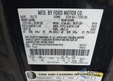 2013 Ford F-150 Lariat z USA, uszkodzony, nr VIN 1FTFW1EF5DKD43103